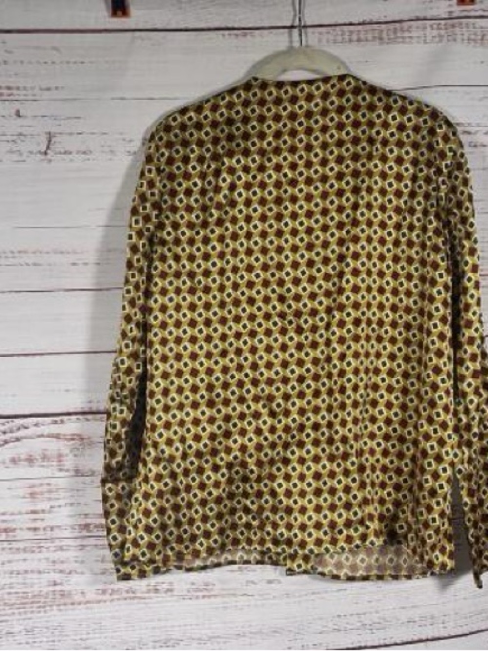 Reformation Geometric Print Open-Front Blazer Jacket in Mustard and Brown - Picture 3 of 3